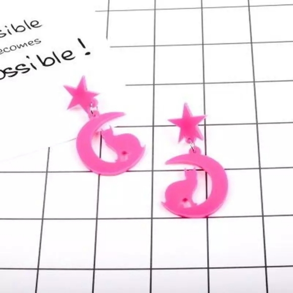 Black Pink Crescent Moon Cat Witchy Earrings - Picture 4 of 6